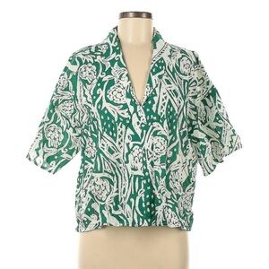 Anthropologie Entro Green White Floral Print Oversized Boxy Cotton Top Large
